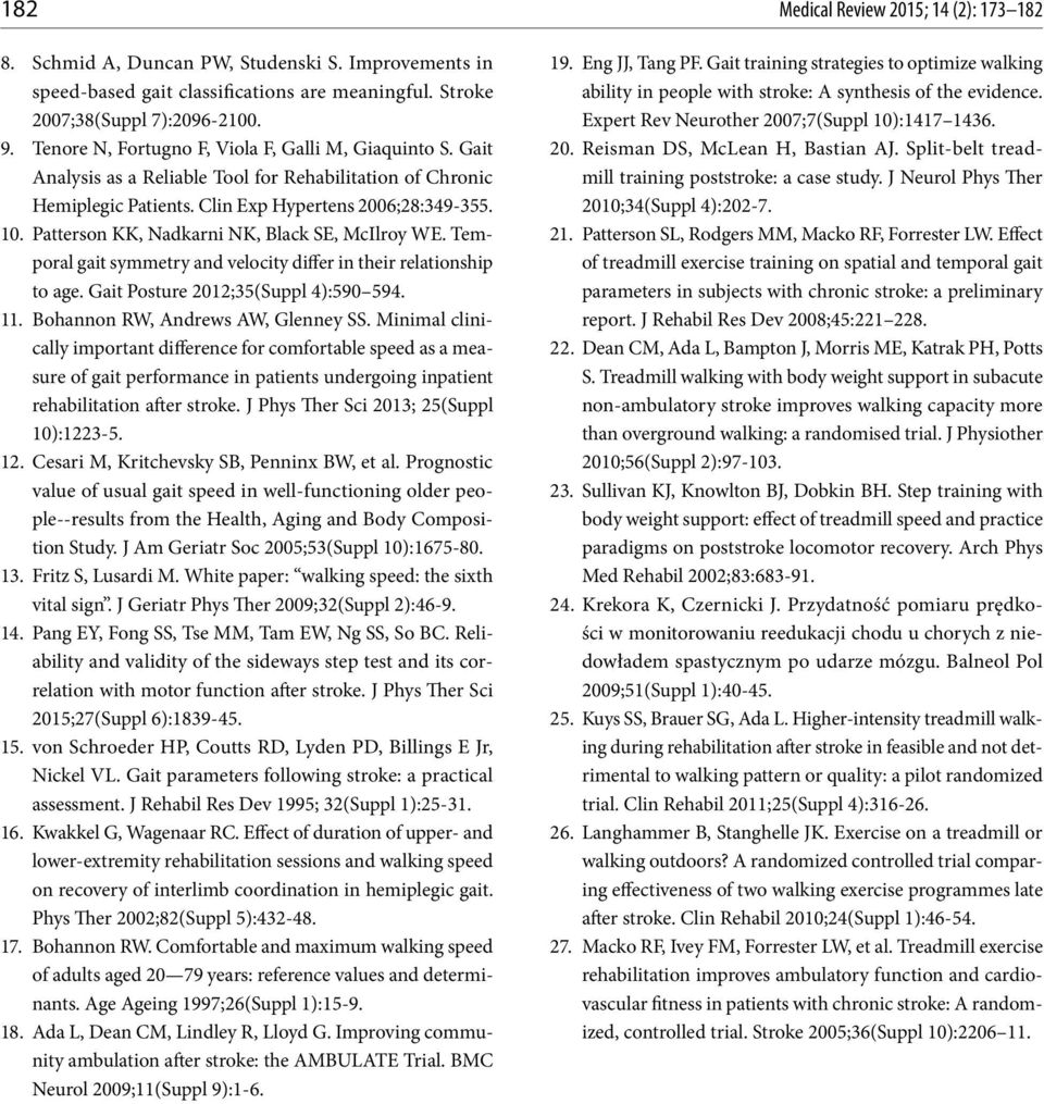 Patterson KK, Nadkarni NK, Black SE, McIlroy WE. Temporal gait symmetry and velocity differ in their relationship to age. Gait Posture 2012;35(Suppl 4):590 594. 11.
