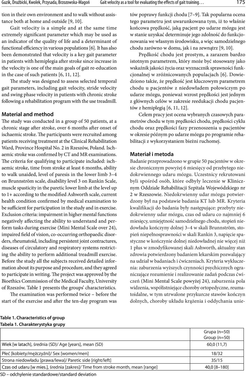 Gait velocity is a simple and at the same time extremely significant parameter which may be used as an indicator of the quality of life and a determinant of functional efficiency in various