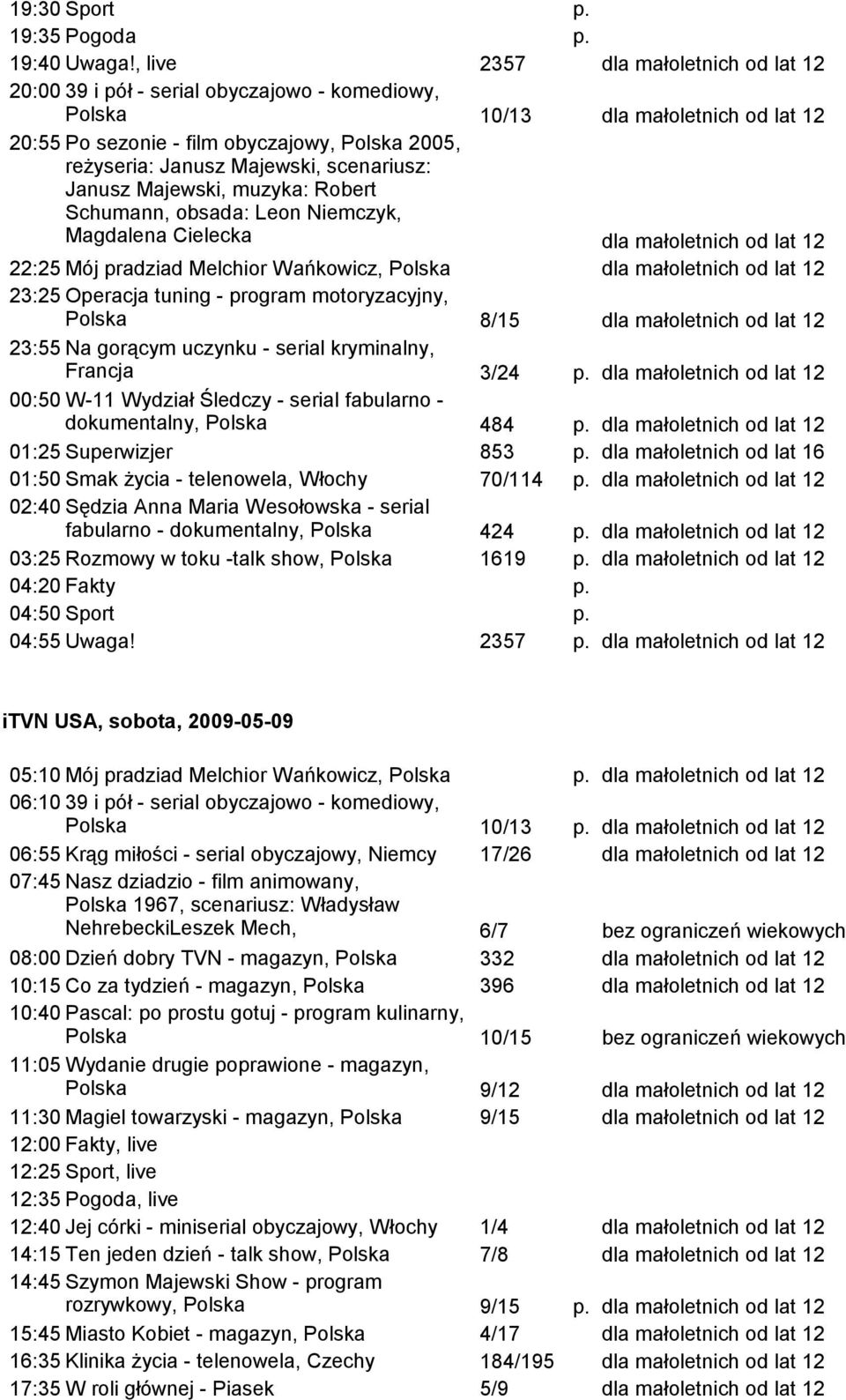 3/24 00:50 W-11 Wydział Śledczy - serial fabularno - dokumentalny, 484 01:25 Superwizjer 853 dla małoletnich od lat 16 01:50 Smak życia - telenowela, Włochy 70/114 02:40 Sędzia Anna Maria Wesołowska