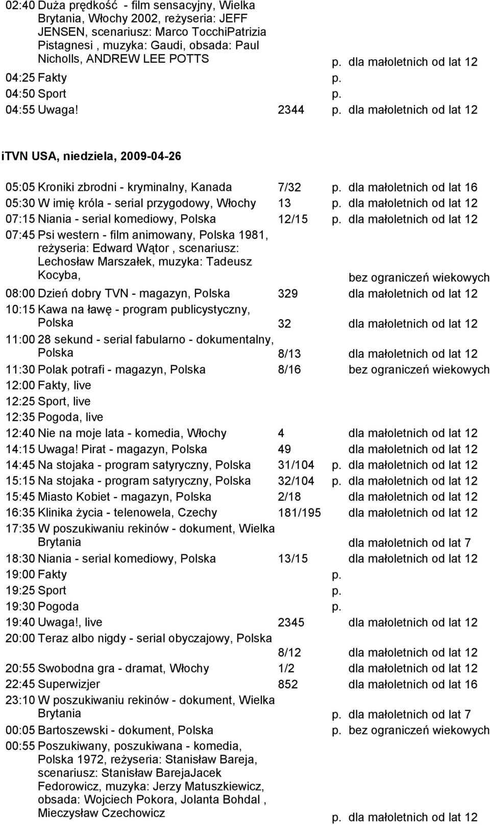 2344 itvn USA, niedziela, 2009-04-26 05:05 Kroniki zbrodni - kryminalny, Kanada 7/32 dla małoletnich od lat 16 05:30 W imię króla - serial przygodowy, Włochy 13 07:15 Niania - serial komediowy, 12/15