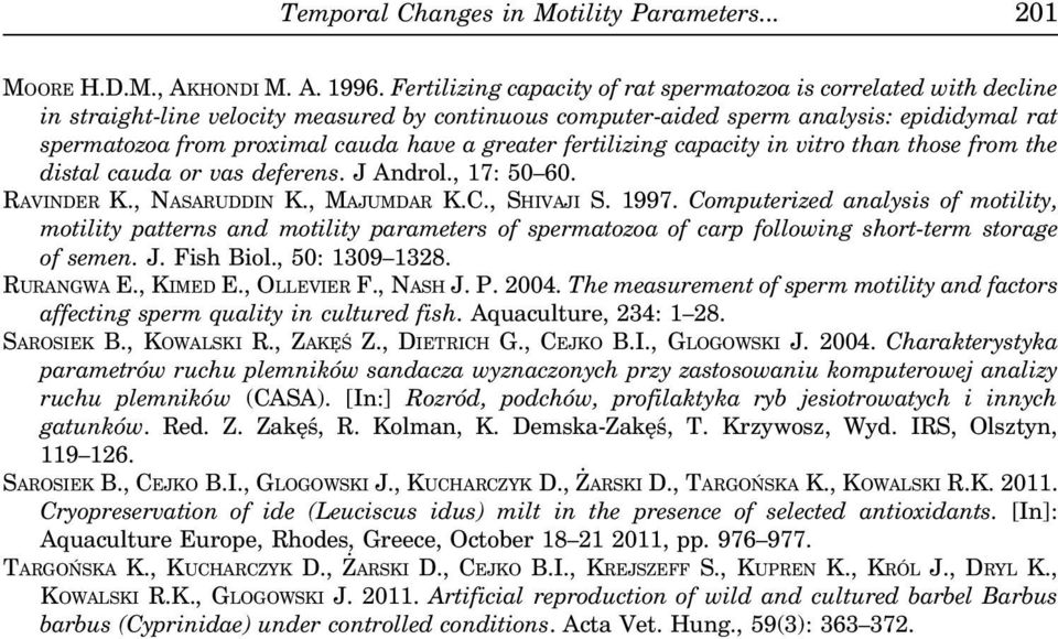 a greater fertilizing capacity in vitro than those from the distal cauda or vas deferens. J Androl., 17: 50 60. RAVINDER K., NASARUDDIN K., MAJUMDAR K.C., SHIVAJI S. 1997.