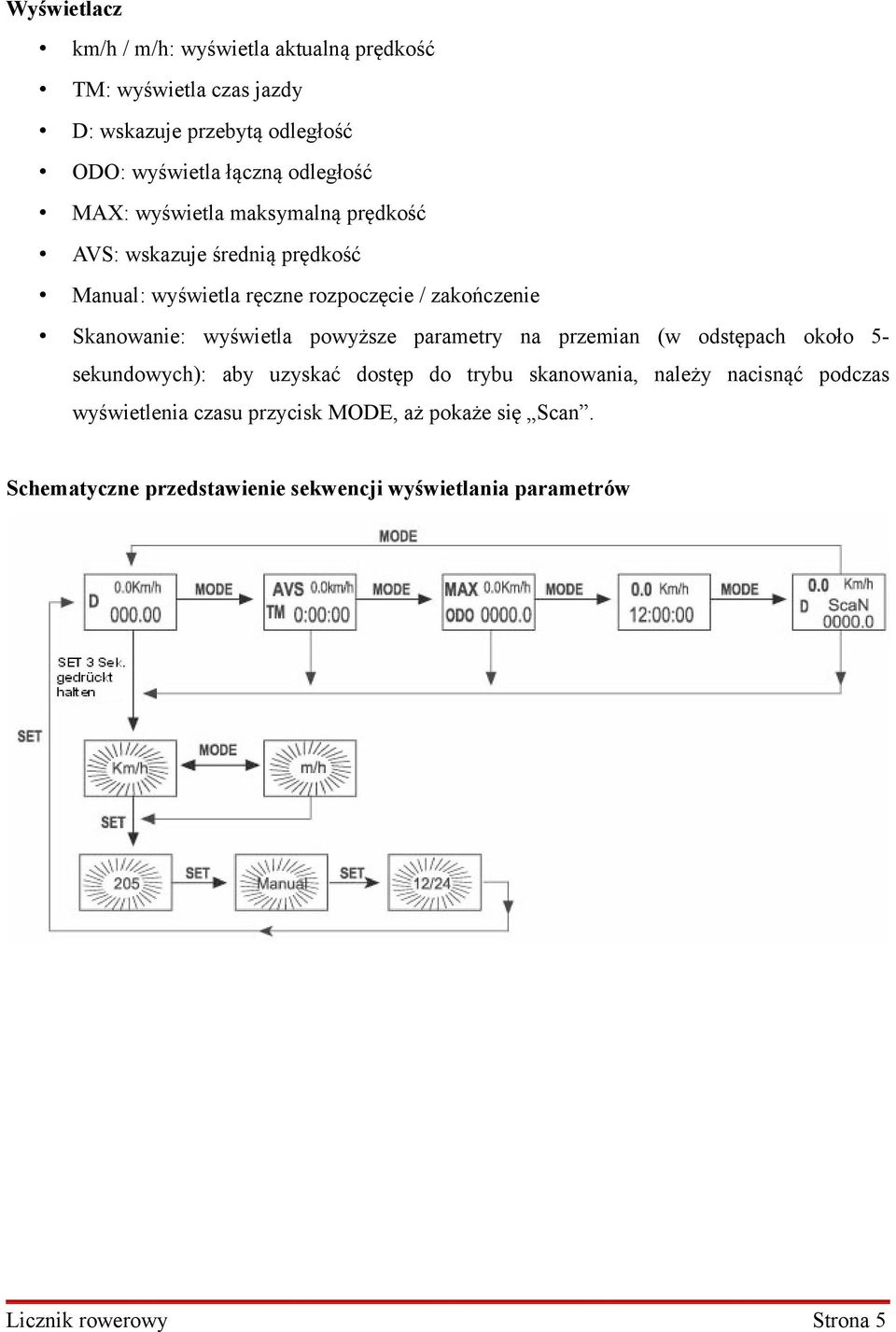 Skanowanie: wyświetla powyższe parametry na przemian (w odstępach około 5- sekundowych): aby uzyskać dostęp do trybu skanowania, należy