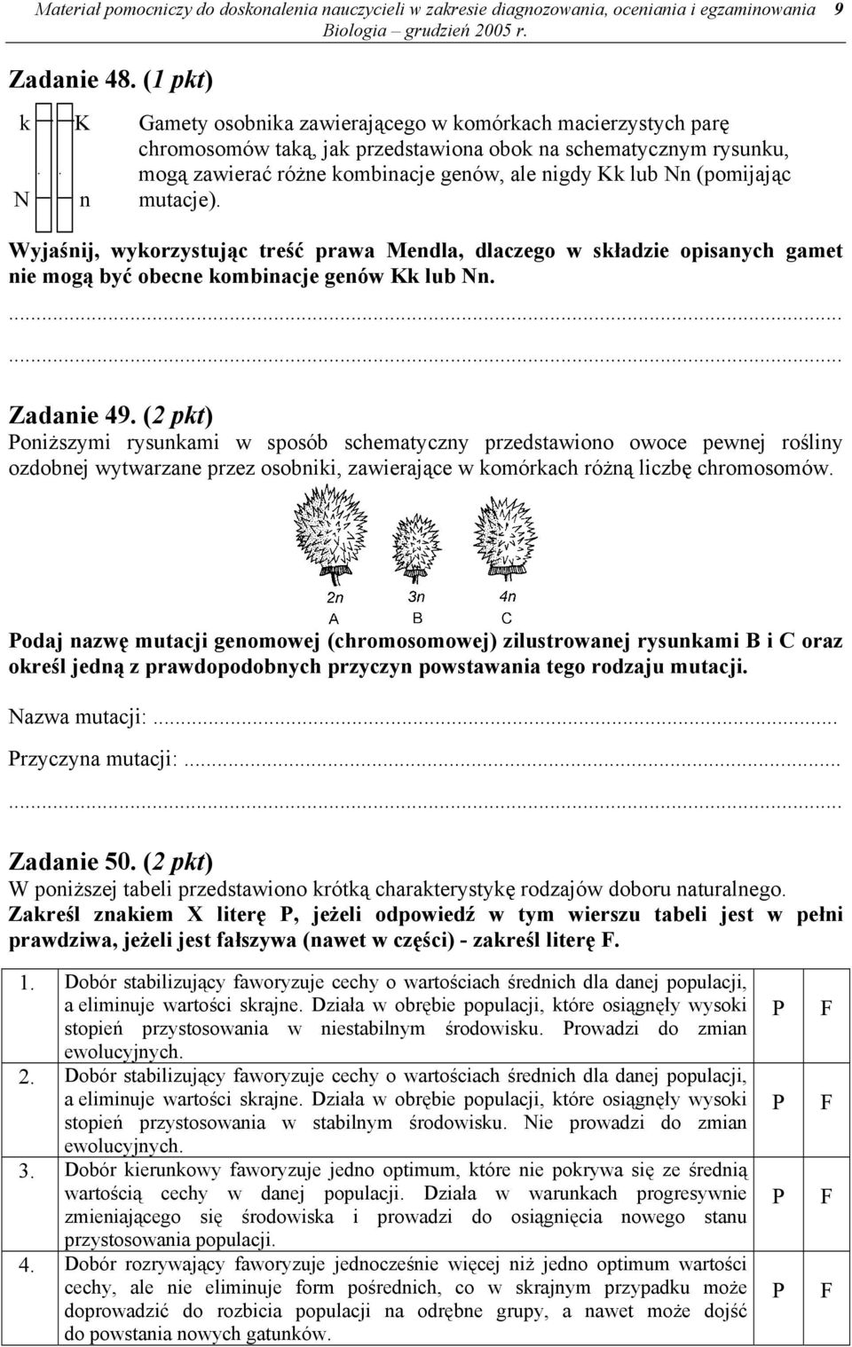 (pomijając N n mutacje). Wyjaśnij, wykorzystując treść prawa Mendla, dlaczego w składzie opisanych gamet nie mogą być obecne kombinacje genów Kk lub Nn. Zadanie 49.