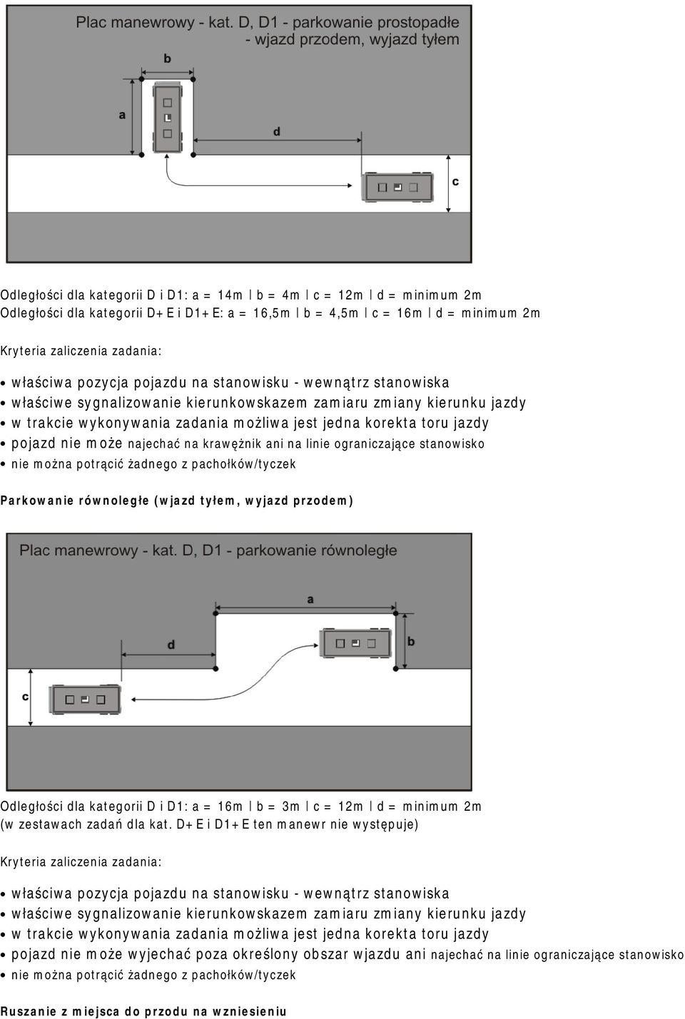ograniczające stanowisko nie można potrącić żadnego z pachołków/tyczek Parkowanie równoległe (wjazd tyłem, wyjazd przodem) Odległości dla kategorii D i D1: a = 16m b = 3m c = 12m d = minimum 2m (w