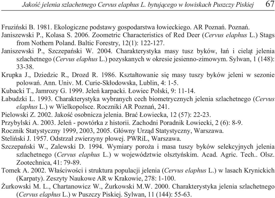 Charakterystyka masy tusz byków, ³añ i ciel¹t jelenia szlachetnego (Cervus elaphus L.) pozyskanych w okresie jesienno-zimowym. Sylwan, 1 (148): 33-38. Krupka J., Dziedzic R., Drozd R. 1986.