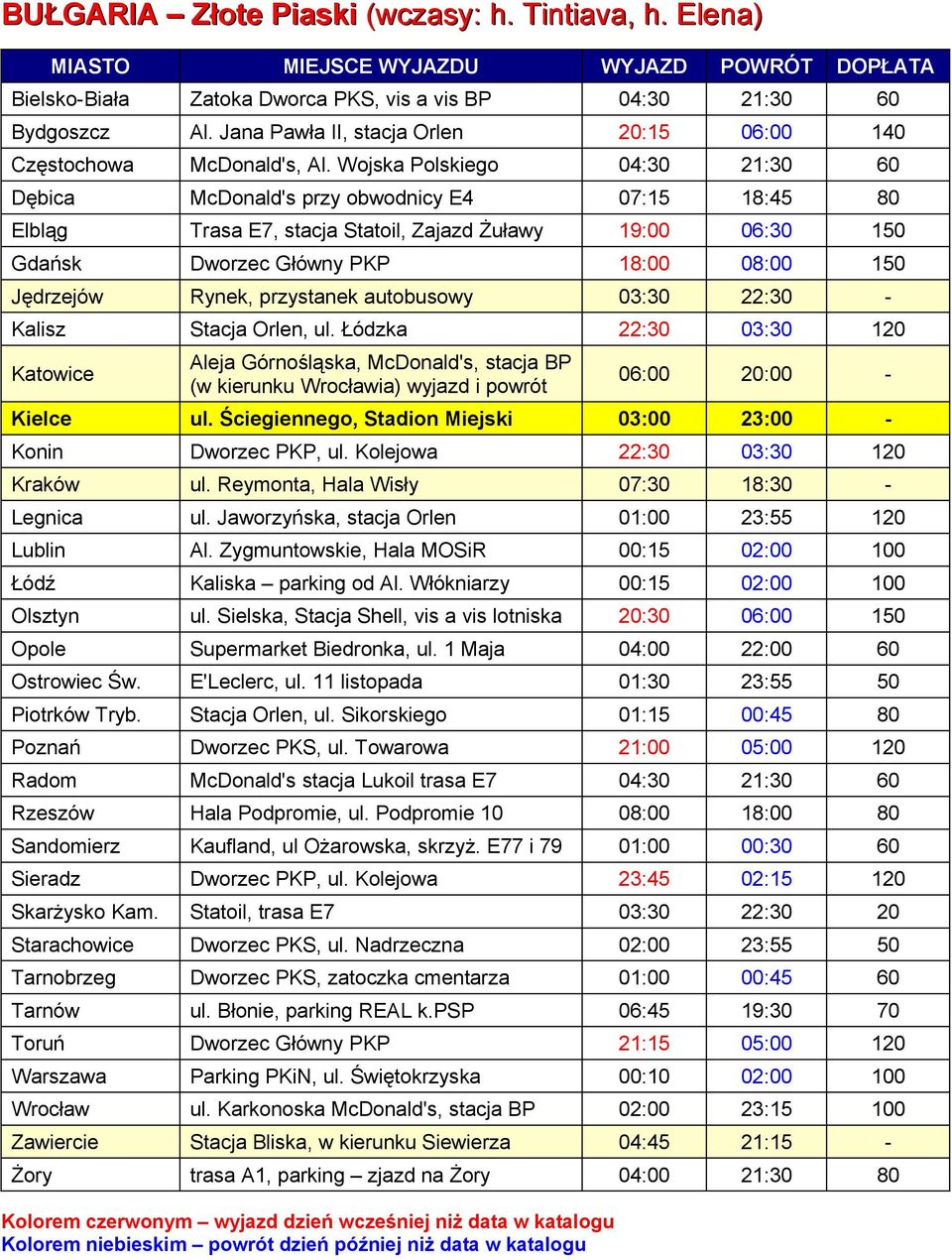 Rynek, przystanek autobusowy 03:30 22:30 - Kalisz Stacja Orlen, ul. Łódzka 22:30 03:30 120 (w kierunku Wrocławia) wyjazd i powrót 06:00 20:00 - Kielce ul.