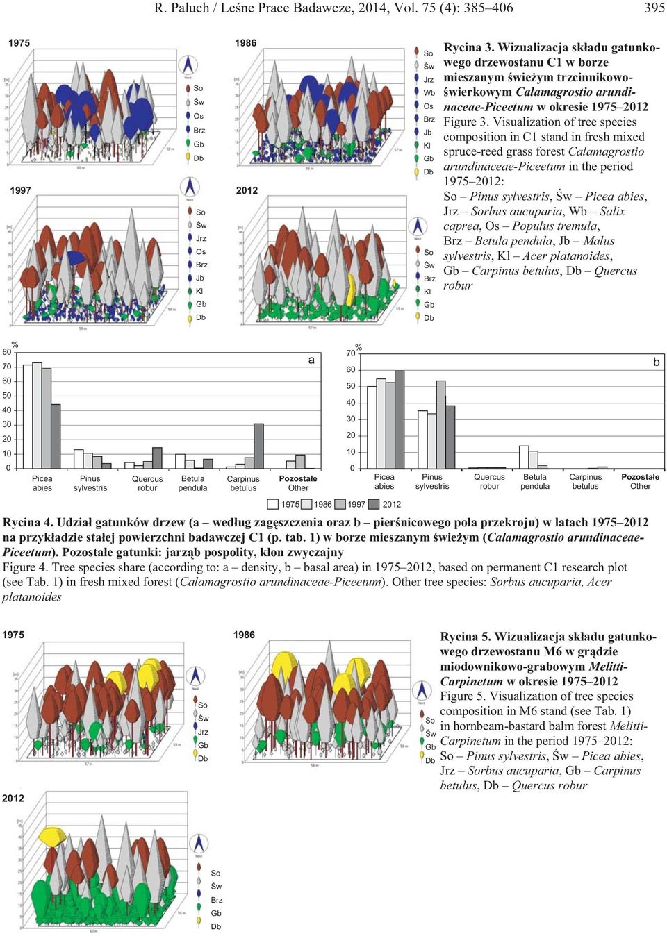 Visualization of tree species composition in C1 stand in fresh mixed spruce-reed grass forest Calamagrostio arundinaceae-piceetum in the period 1975 2012: So Pinus sylvestris, Œw Picea abies, Jrz