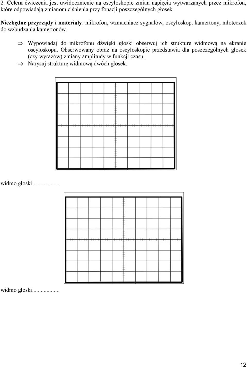 Niezbędne przyrządy i materiały: mikrofon, wzmacniacz sygnałów, oscyloskop, kamertony, młoteczek do wzbudzania kamertonów.