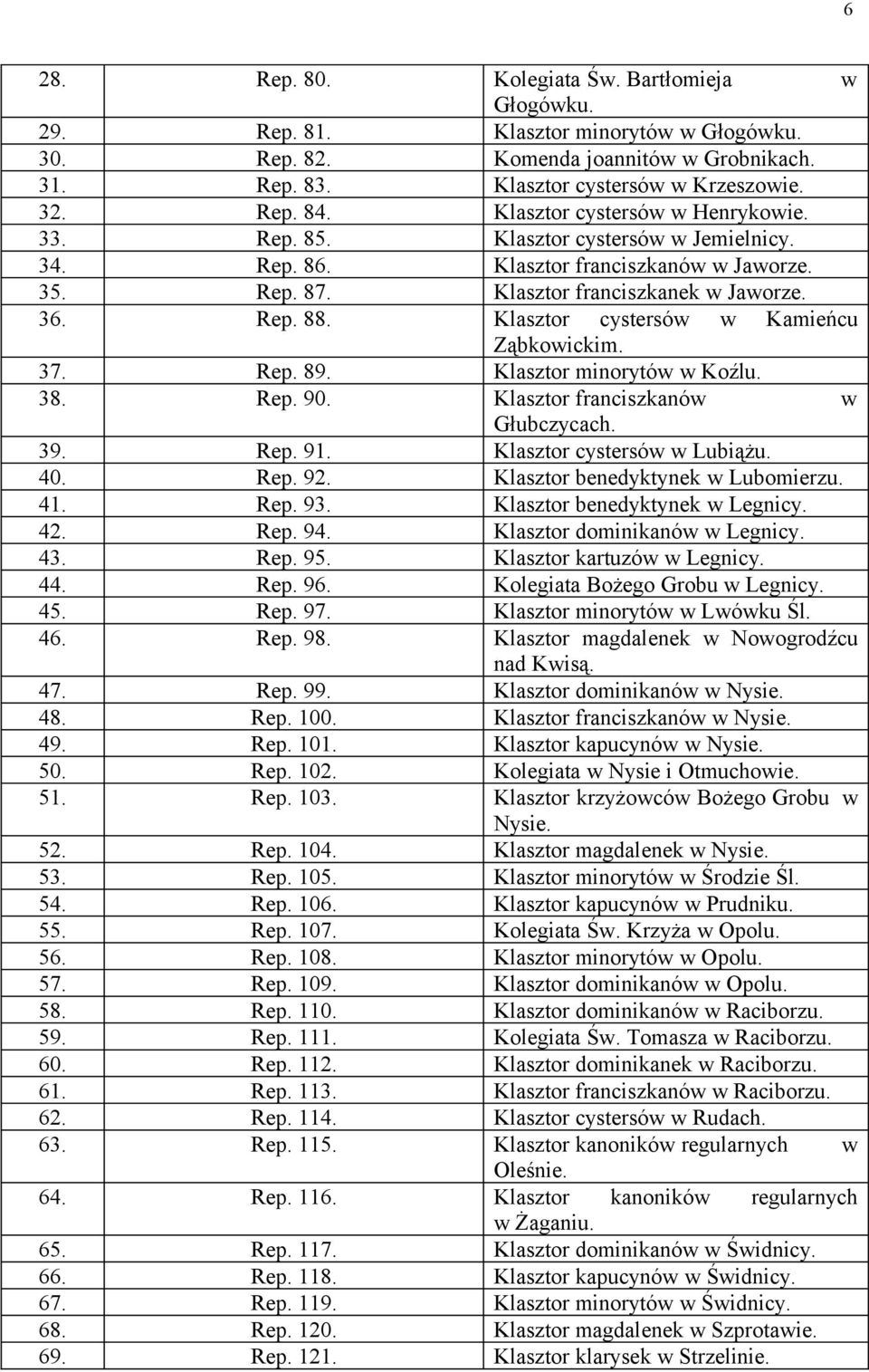 Klasztor cystersów w Kamieńcu Ząbkowickim. 37. Rep. 89. Klasztor minorytów w Koźlu. 38. Rep. 90. Klasztor franciszkanów w Głubczycach. 39. Rep. 91. Klasztor cystersów w Lubiążu. 40. Rep. 92.