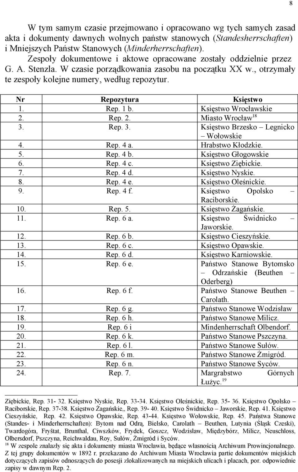 Nr Repozytura Księstwo 1. Rep. 1 b. Księstwo Wrocławskie 2. Rep. 2. Miasto Wrocław 18 3. Rep. 3. Księstwo Brzesko Legnicko Wołowskie 4. Rep. 4 a. Hrabstwo Kłodzkie. 5. Rep. 4 b. Księstwo Głogowskie 6.