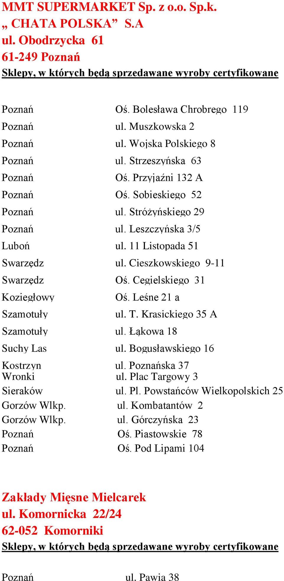 Cegielskiego 31 Koziegłowy Szamotuły Oś. Leśne 21 a ul. T. Krasickiego 35 A Szamotuły ul. Łąkowa 18 Suchy Las ul. Bogusławskiego 16 Kostrzyn ul. ska 37 Wronki ul. Pla