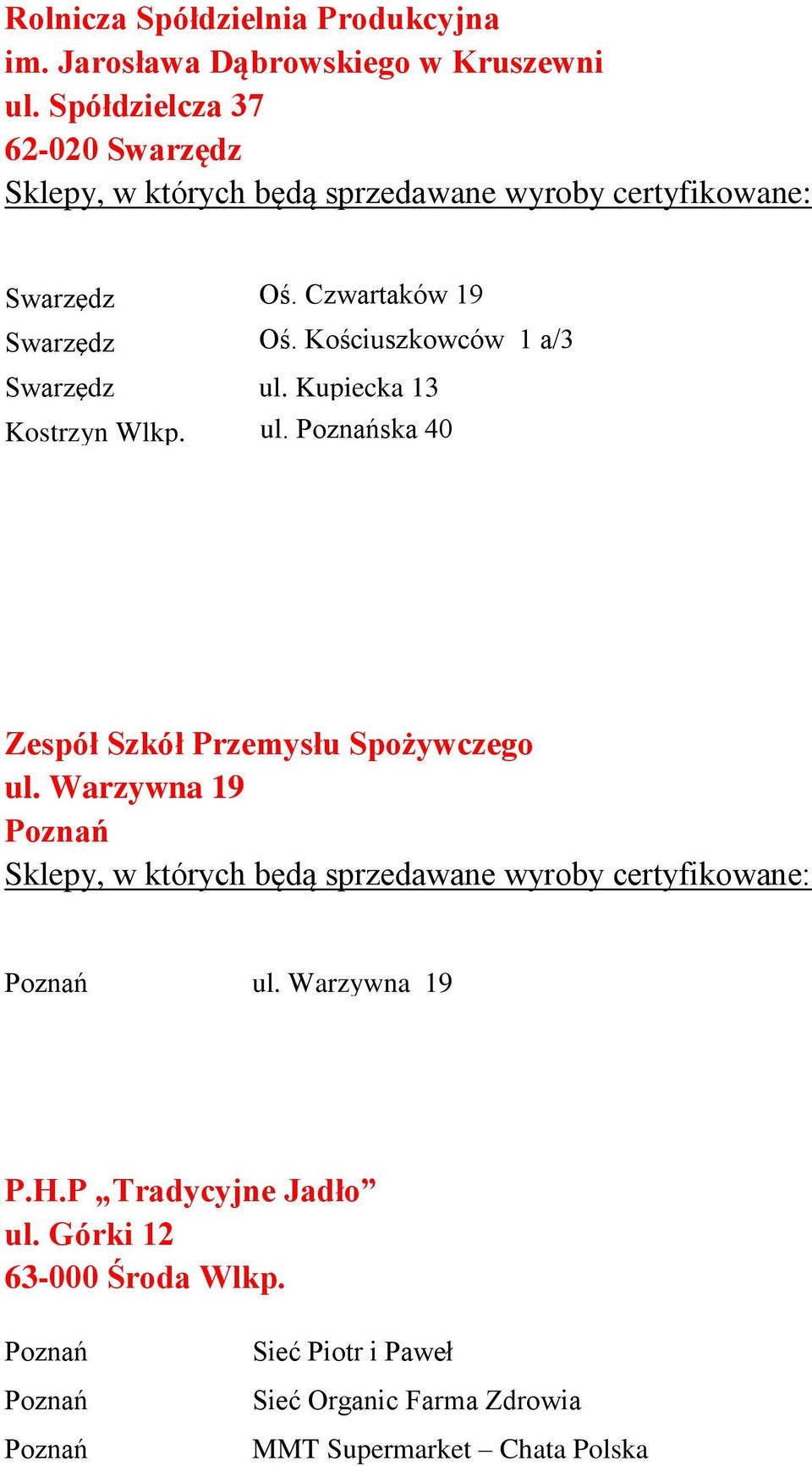 Kupiecka 13 Kostrzyn Wlkp. ul. ska 40 Zespół Szkół Przemysłu Spożywczego ul. Warzywna 19 ul.