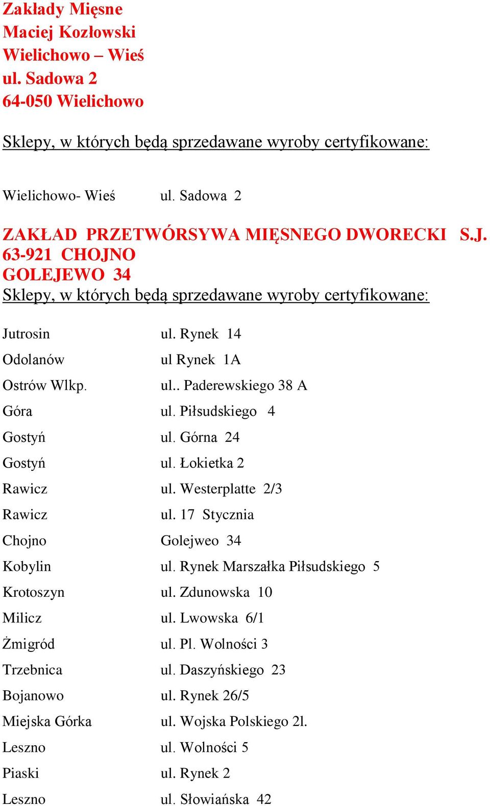 Łokietka 2 Rawicz ul. Westerplatte 2/3 Rawicz ul. 17 Stycznia Chojno Golejweo 34 Kobylin ul. Rynek Marszałka Piłsudskiego 5 Krotoszyn ul. Zdunowska 10 Milicz ul.