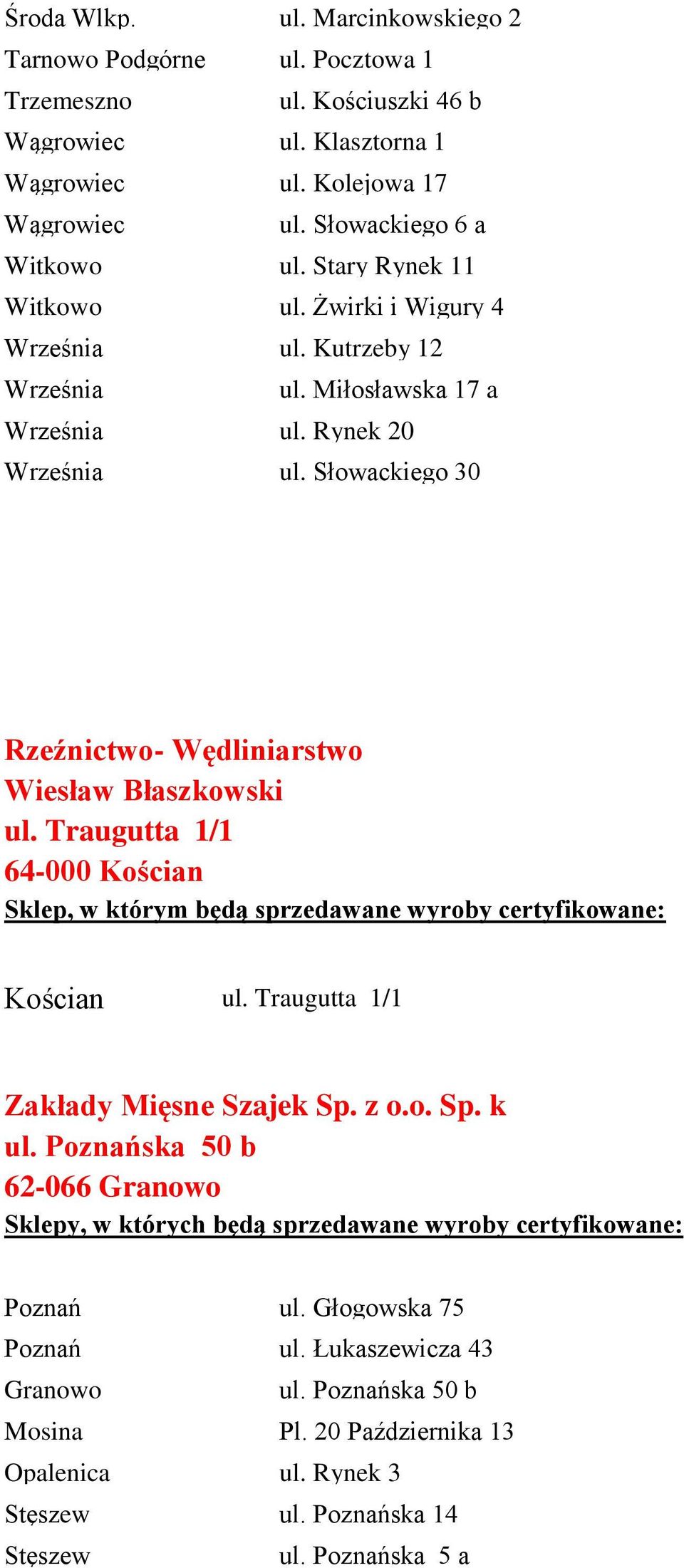 Słowackiego 30 Rzeźnictwo- Wędliniarstwo Wiesław Błaszkowski ul. Traugutta 1/1 64-000 Kościan Sklep, w którym będą sprzedawane wyroby certyfikowane: Kościan ul.