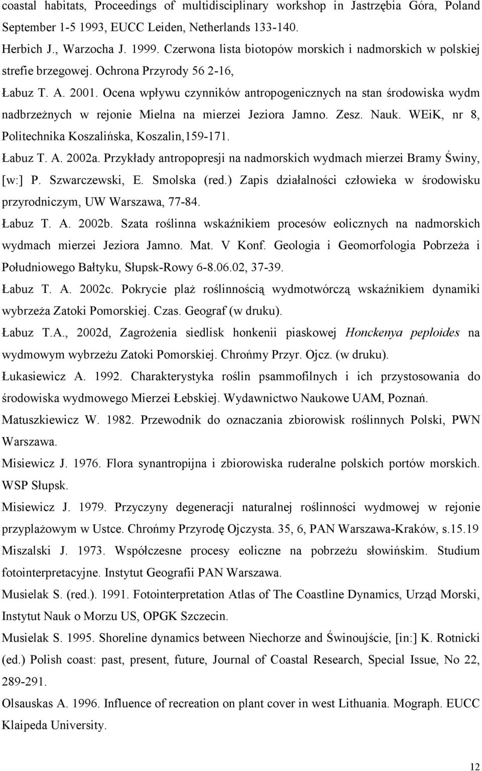 Ocena wpływu czynników antropogenicznych na stan środowiska wydm nadbrzeŝnych w rejonie Mielna na mierzei Jeziora Jamno. Zesz. Nauk. WEiK, nr 8, Politechnika Koszalińska, Koszalin,159-171. Łabuz T. A.