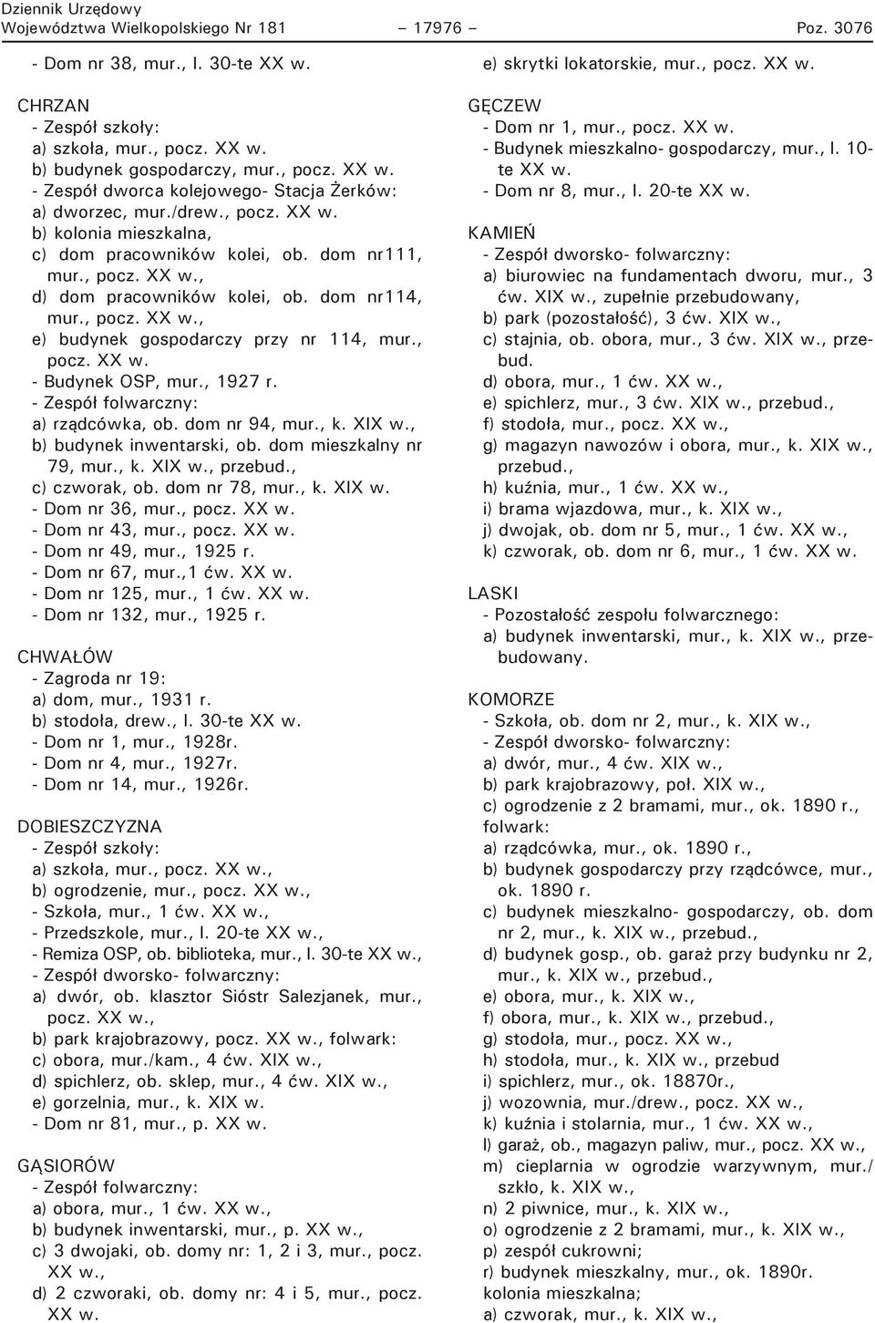 , 1927 r. - Zespół folwarczny: a) rządcówka, ob. dom nr 94, mur., k. XIX w., b) budynek inwentarski, ob. dom mieszkalny nr 79, mur., k. XIX w., przebud., c) czworak, ob. dom nr 78, mur., k. XIX w. - Dom nr 36, mur.