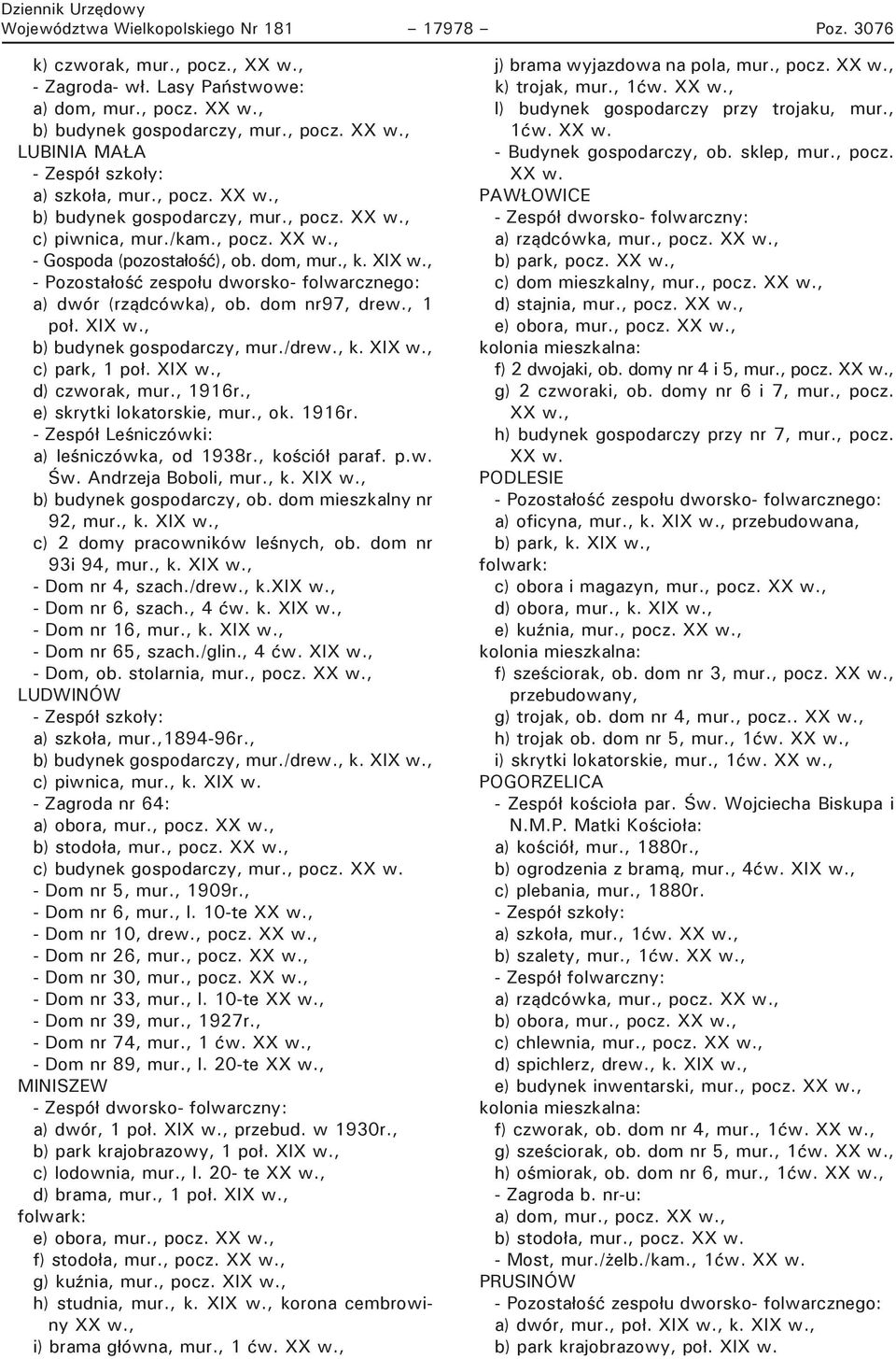 dom nr97, drew., 1 poł. XIX w., b) budynek gospodarczy, mur./drew., k. XIX w., c) park, 1 poł. XIX w., d) czworak, mur., 1916r., e) skrytki lokatorskie, mur., ok. 1916r. - Zespół Leśniczówki: a) leśniczówka, od 1938r.