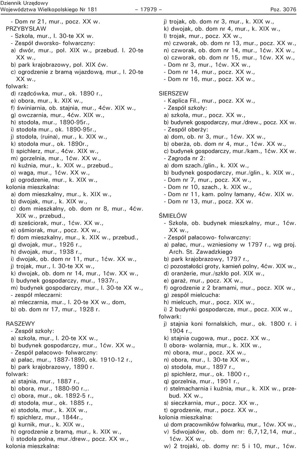 , 1890-95r., i) stodoła mur., ok. 1890-95r., j) stodoła, (ruina), mur., k. XIX w., k) stodoła mur., ok. 1890r., l) spichlerz, mur., 4ćw. XIX w., m) gorzelnia, mur., 1ćw. n) kuźnia, mur., k. XIX w., przebud.