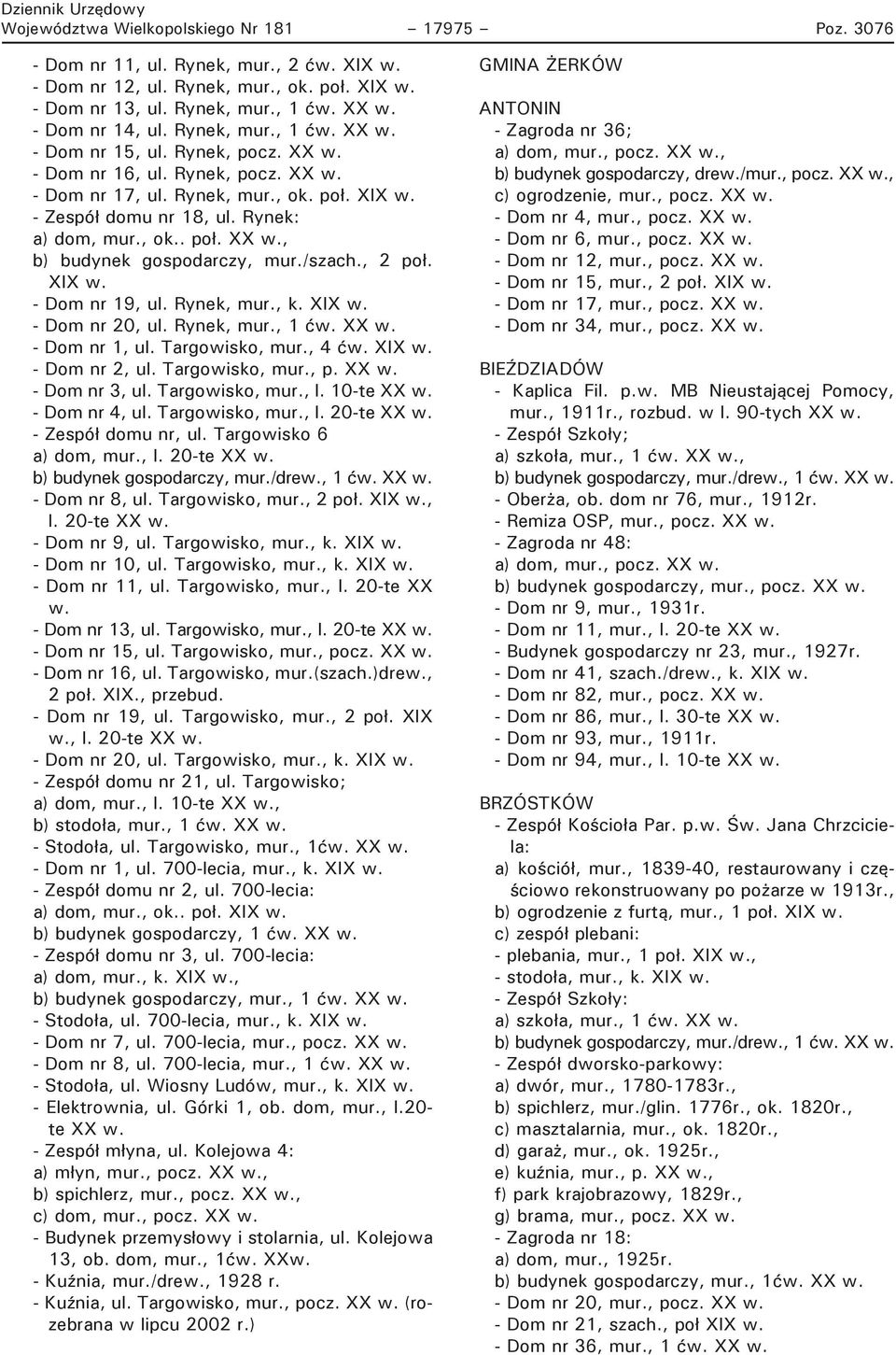 /szach., 2 poł. XIX w. - Dom nr 19, ul. Rynek, mur., k. XIX w. - Dom nr 20, ul. Rynek, mur., 1 ćw. XX w. - Dom nr 1, ul. Targowisko, mur., 4 ćw. XIX w. - Dom nr 2, ul. Targowisko, mur., p. XX w. - Dom nr 3, ul.