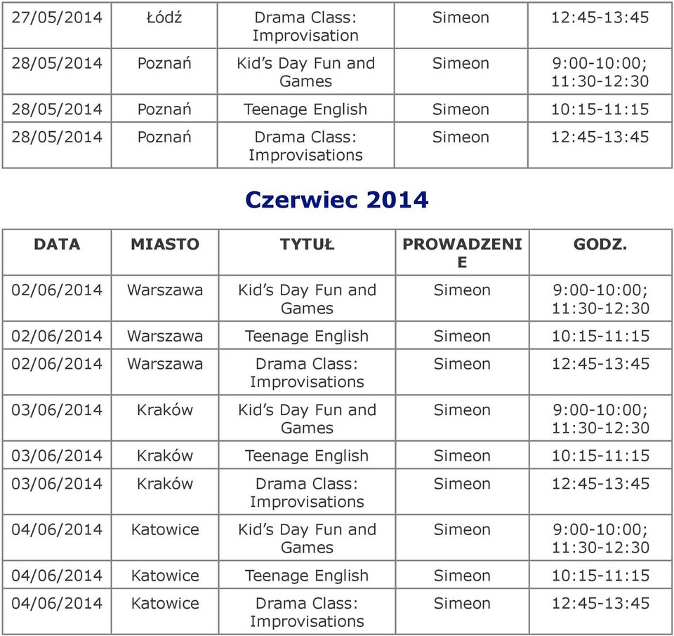 10:15-11:15 02/06/2014 Warszawa Drama Class: 03/06/2014 Kraków Kid s Fun and 03/06/2014 Kraków Teenage nglish 10:15-11:15