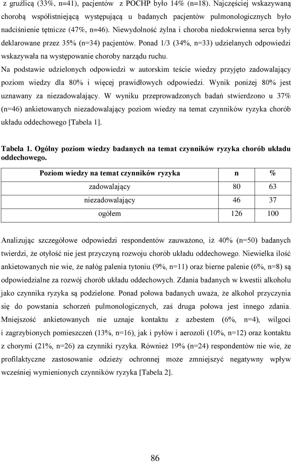Na podstawie udzielonych odpowiedzi w autorskim teście wiedzy przyjęto zadowalający poziom wiedzy dla 80% i więcej prawidłowych odpowiedzi. Wynik poniżej 80% jest uznawany za niezadowalający.