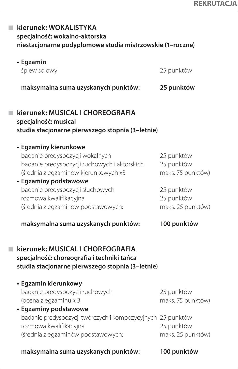 predyspozycji słuchowych (średnia z egzaminów podstawowych: maks. 75 punktów) maks.