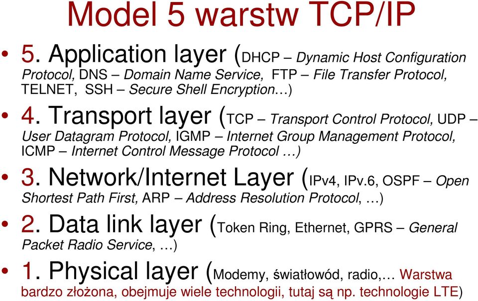 Transport layer (TCP Transport Control Protocol, UDP User Datagram Protocol, IGMP Internet Group Management Protocol, ICMP Internet Control Message Protocol ) 3.