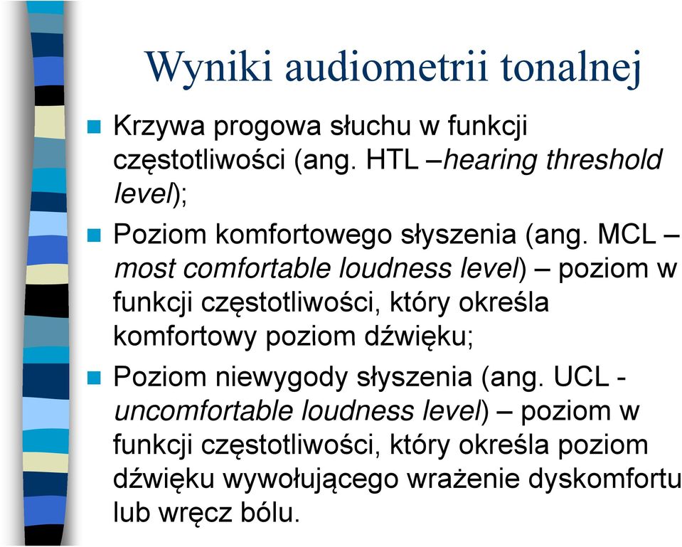 MCL most comfortable loudness level) poziom w funkcji częstotliwości, który określa komfortowy poziom