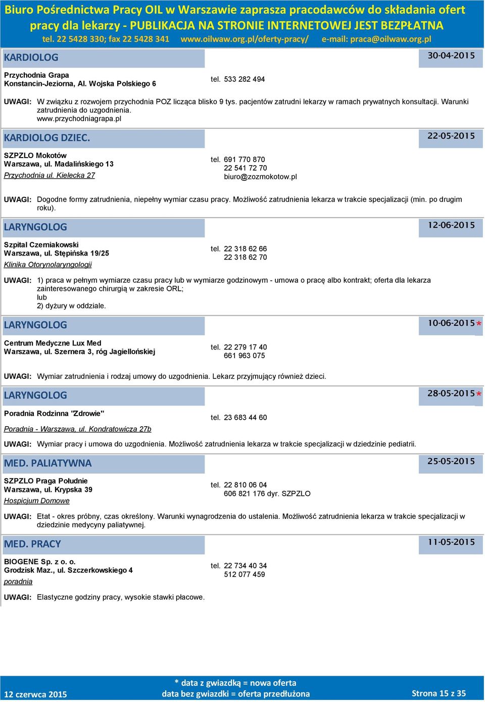 Kielecka 27 tel. 691 770 870 22 541 72 70 biuro@zozmokotow.pl UWAGI: Dogodne formy zatrudnienia, niepełny wymiar czasu pracy. Możliwość zatrudnienia lekarza w trakcie specjalizacji (min.