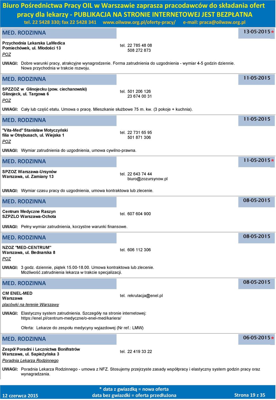 501 206 126 23 674 00 31 UWAGI: Cały lub część etatu. Umowa o pracę. Mieszkanie służbowe 75 m. kw. (3 pokoje + kuchnia). "Vita-Med" Stanisław Motyczyński filia w Otrębusach, ul. Wiejska 1 tel.