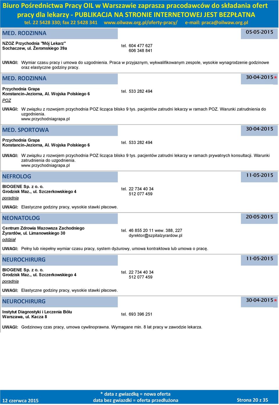 533 282 494 UWAGI: W związku z rozwojem przychodnia licząca blisko 9 tys. pacjentów zatrudni lekarzy w ramach. Warunki zatrudnienia do uzgodnienia. www.przychodniagrapa.pl MED.