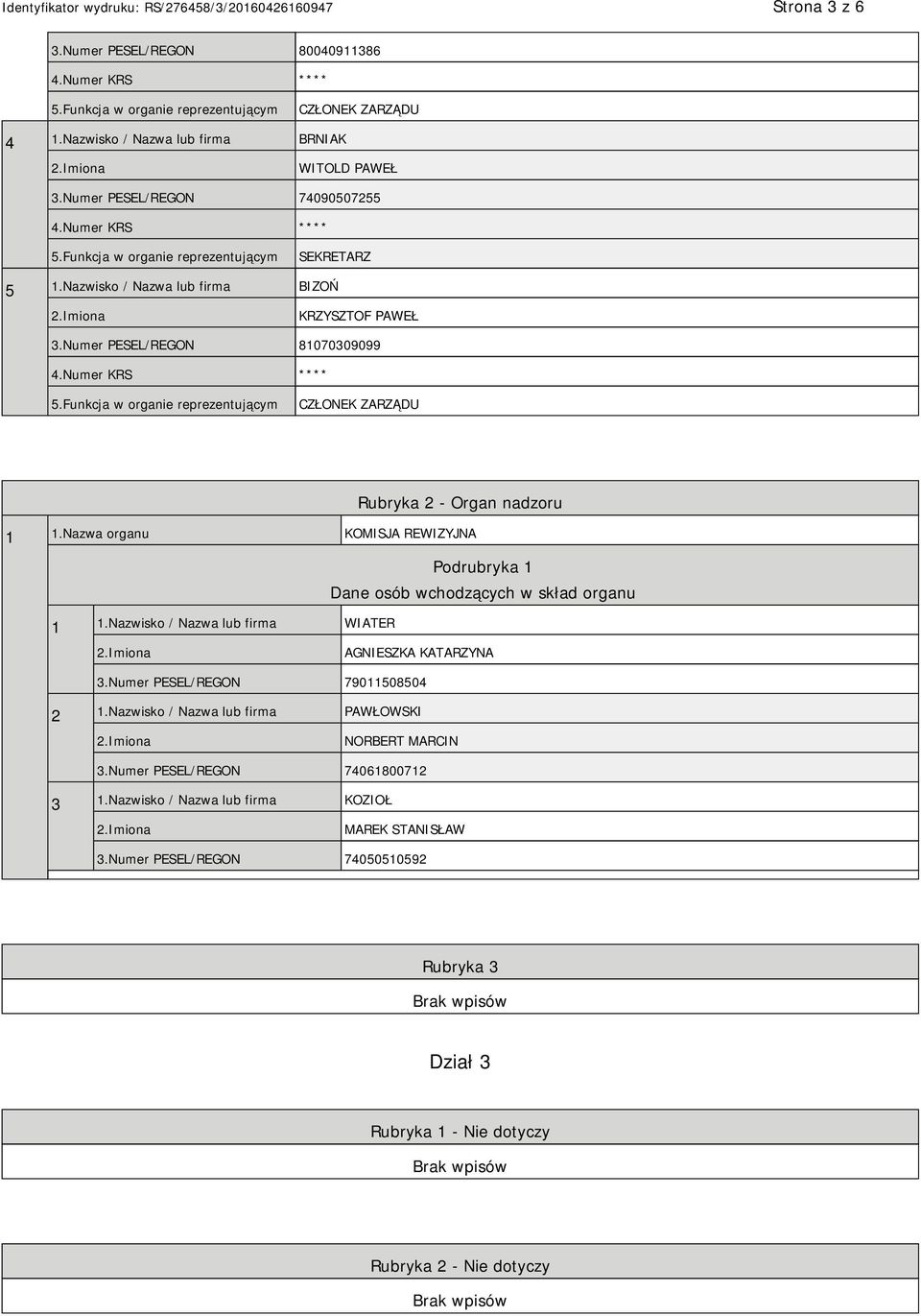 Nazwa organu KOMISJA REWIZYJNA Podrubryka 1 Dane osób wchodzących w skład organu 1 1.Nazwisko / Nazwa lub firma WIATER AGNIESZKA KATARZYNA 3.