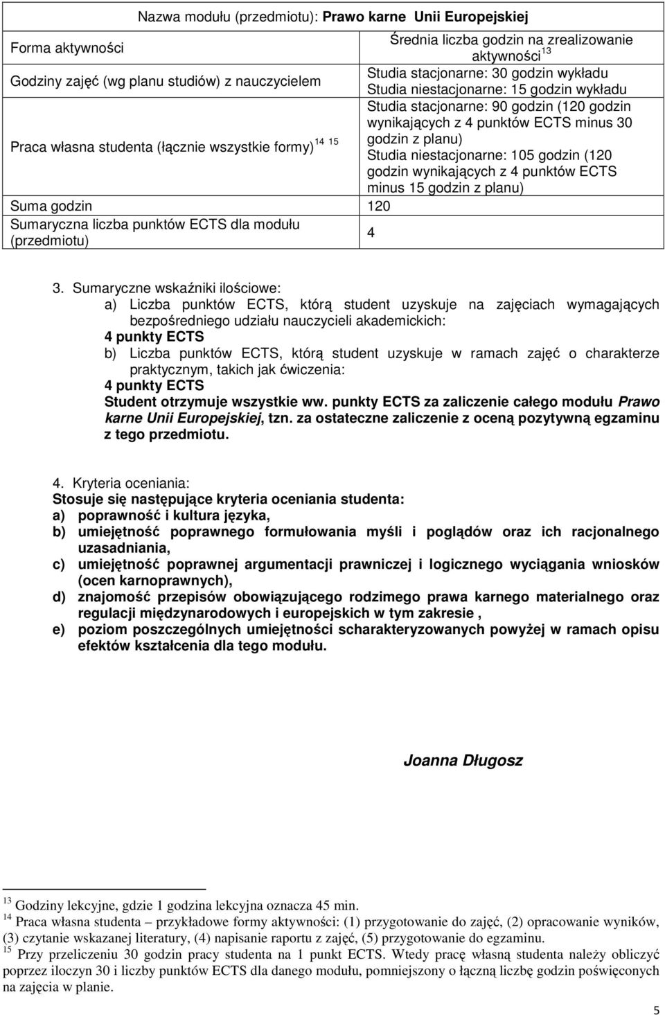 formy) Studia niestacjonarne: 105 godzin (120 godzin wynikających z 4 punktów ECTS minus 15 godzin z planu) Suma godzin 120 Sumaryczna liczba punktów ECTS dla modułu 4 (przedmiotu) 3.