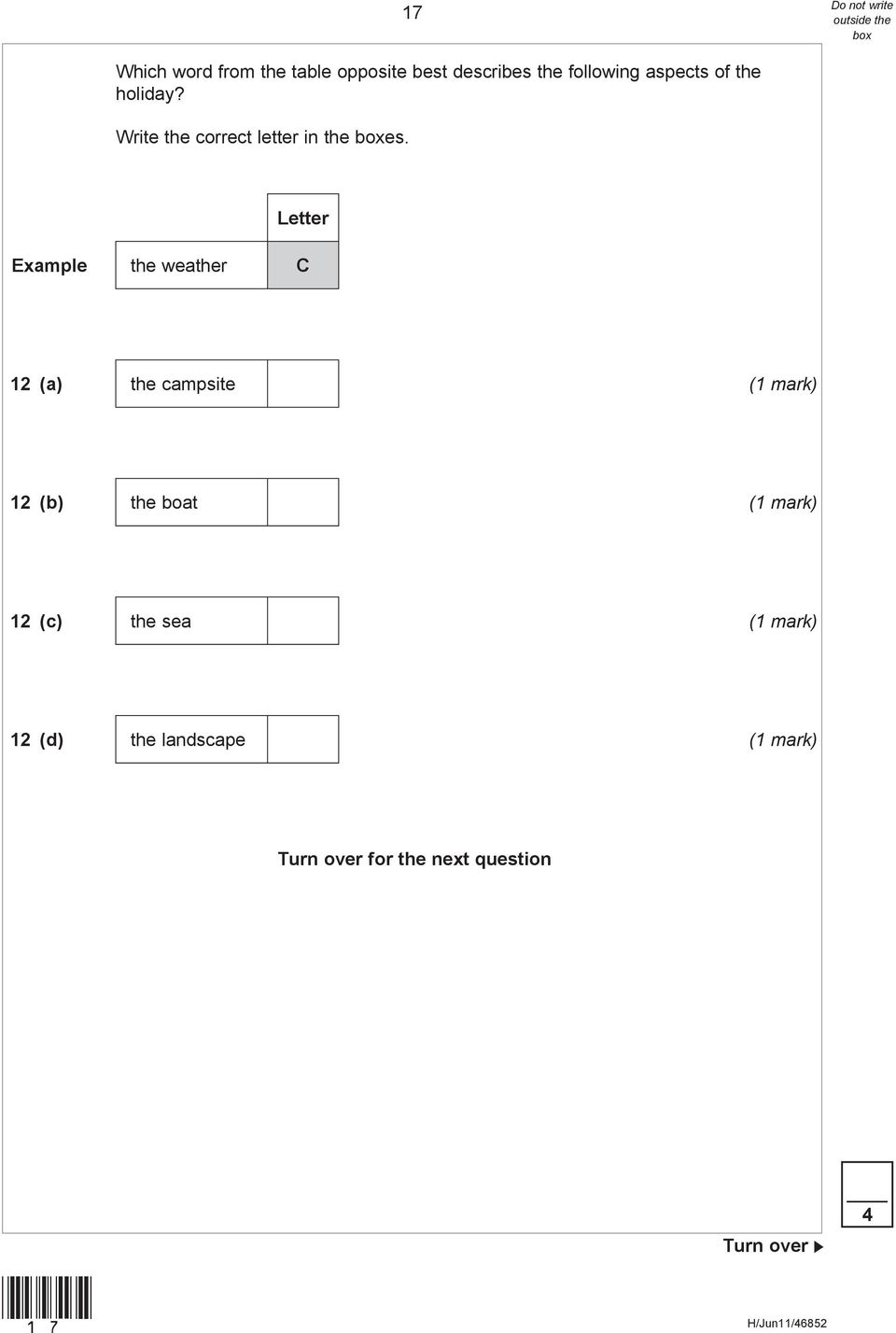 Letter Example the weather C 12 (a) the campsite 12 (b) the boat 12