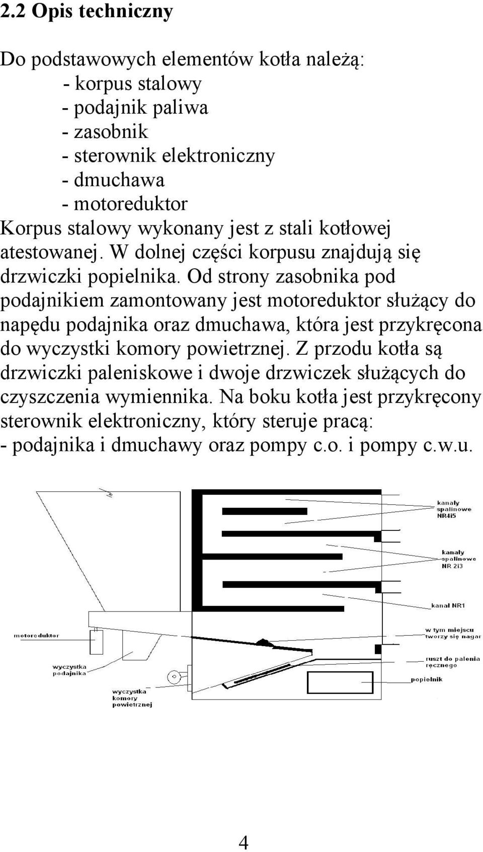 Od strony zasobnika pod podajnikiem zamontowany jest motoreduktor służący do napędu podajnika oraz dmuchawa, która jest przykręcona do wyczystki komory powietrznej.