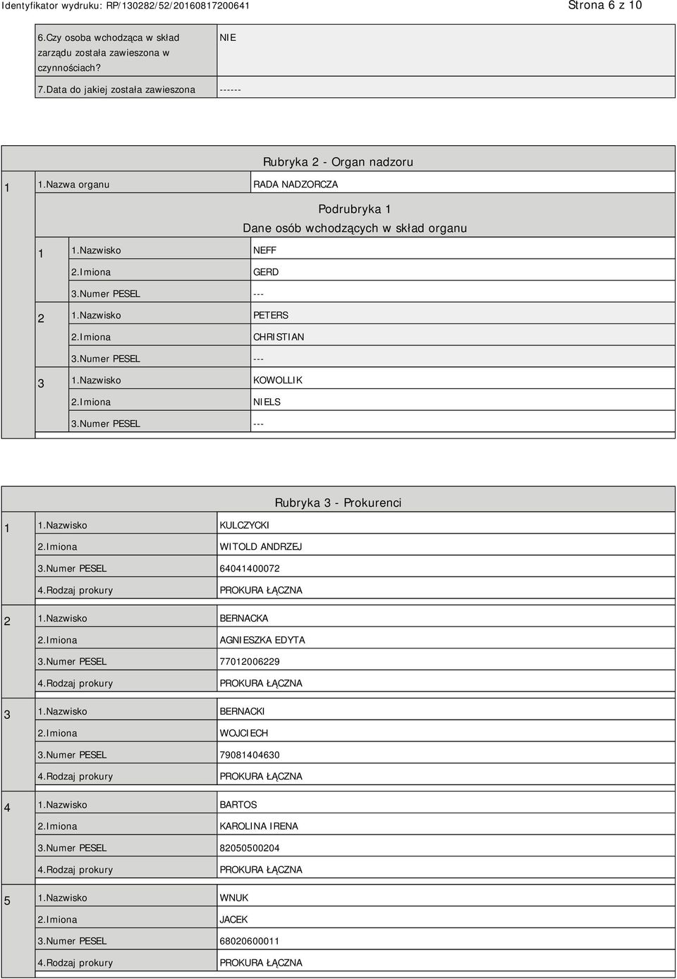 Nazwisko KOWOLLIK NIELS 3.Numer PESEL --- Rubryka 3 - Prokurenci 1 1.Nazwisko KULCZYCKI WITOLD ANDRZEJ 3.Numer PESEL 64041400072 2 1.Nazwisko BERNACKA AGNIESZKA EDYTA 3.