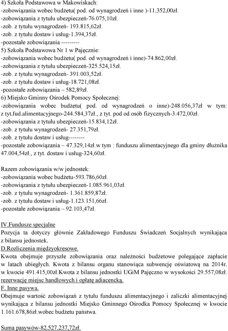 -zobowiązania z tytułu ubezpieczeń-325.524,15zł. -zob. z tytułu wynagrodzeń- 391.003,52zł. -zob. z tytułu dostaw i usług-18.721,08zł. -pozostałe zobowiązania 582,89zł.