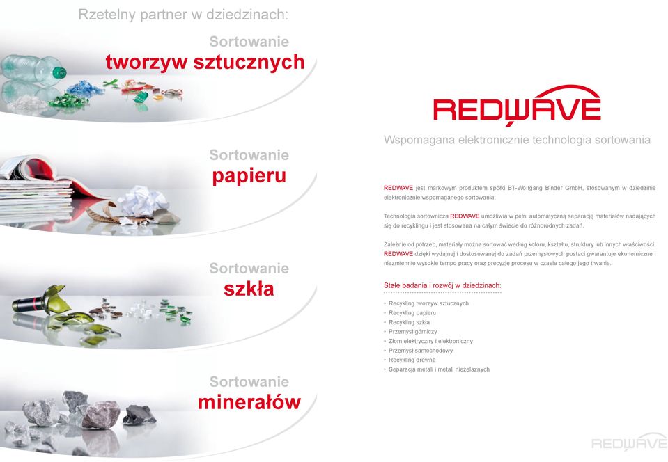 Technologia sortownicza REDWAVE umożliwia w pełni automatyczną separację materiałów nadających się do recyklingu i jest stosowana na całym świecie do różnorodnych zadań.