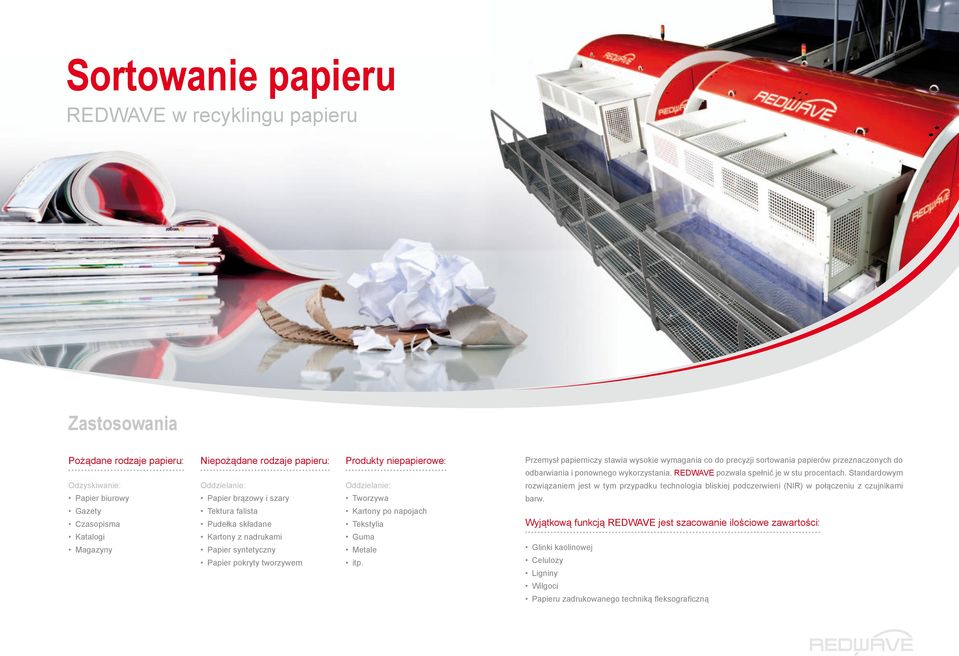 Standardowym Odzyskiwanie: Oddzielanie: Oddzielanie: rozwiązaniem jest w tym przypadku technologia bliskiej podczerwieni (NIR) w połączeniu z czujnikami Papier biurowy Papier brązowy i szary Tworzywa