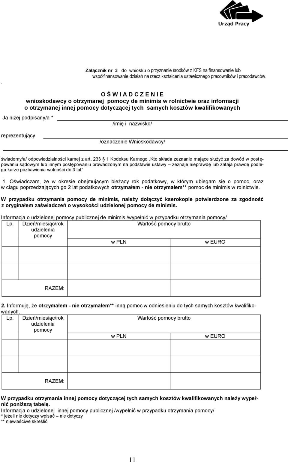 i nazwisko/ reprezentujący /oznaczenie Wnioskodawcy/ świadomy/a/ odpowiedzialności karnej z art.