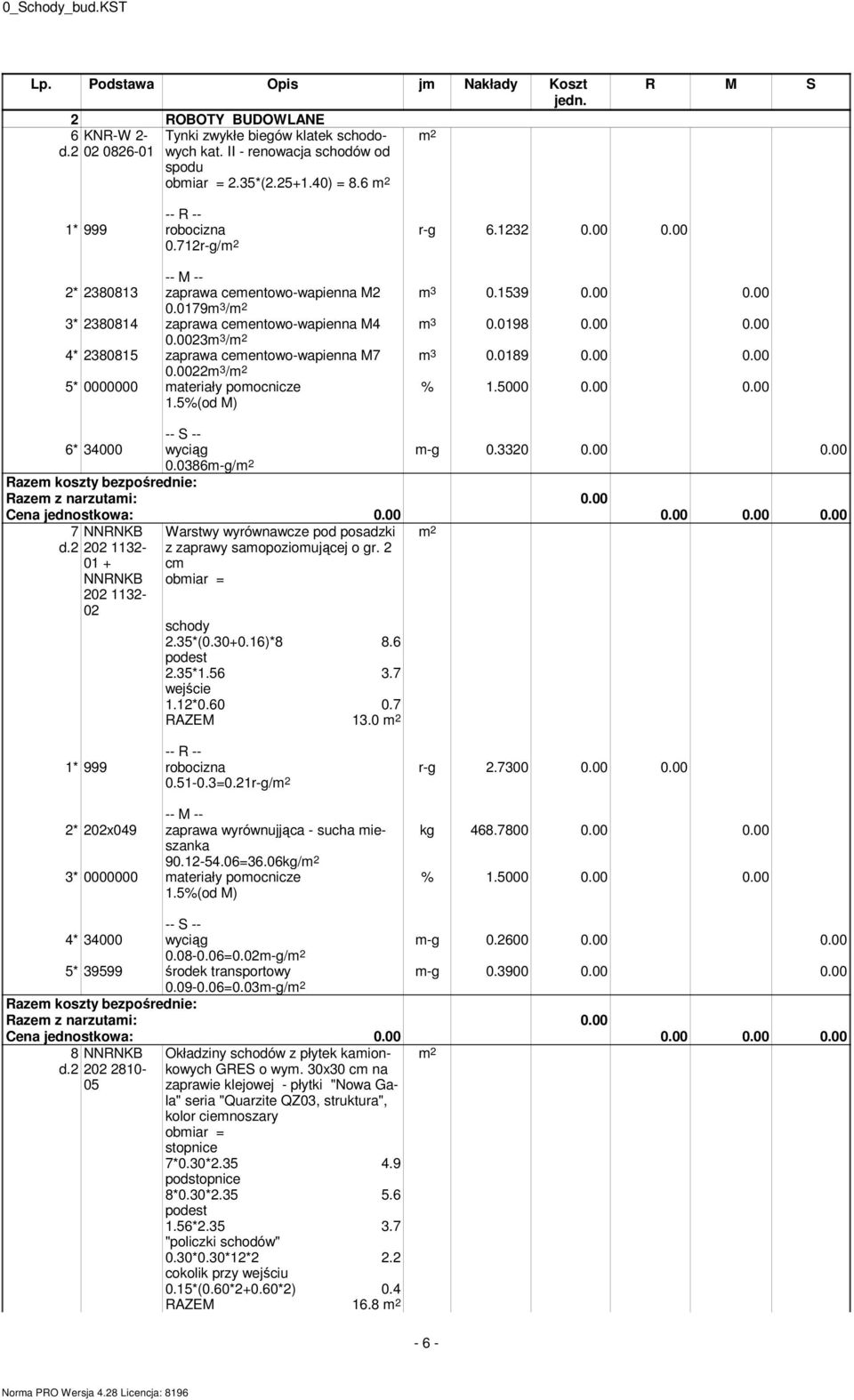 0023 3 / 4* 2380815 zaprawa ceentowo-wapienna M7 0.0022 3 / 5* 0000000 ateriały poocnicze -g 0.3320 0.00 0.00 6* 34000 wyciąg 0.