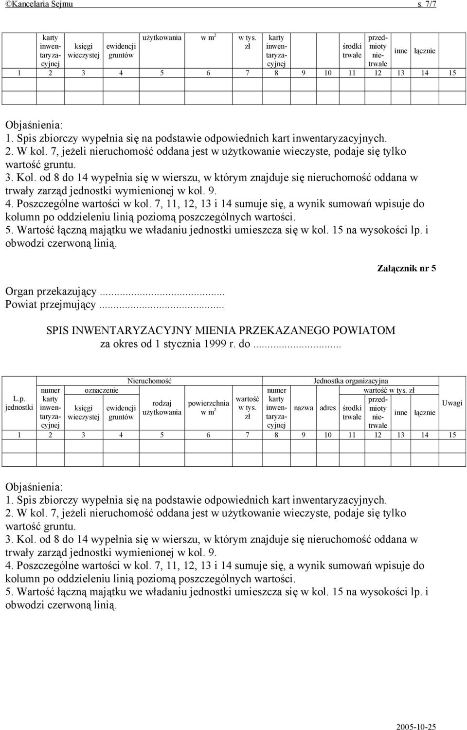 od 8 do 14 wypełnia się w wierszu, w którym znajduje się nieruchomość oddana w trwały zarząd jednostki wymienionej w kol. 9. 4. Poszczególne wartości w kol.