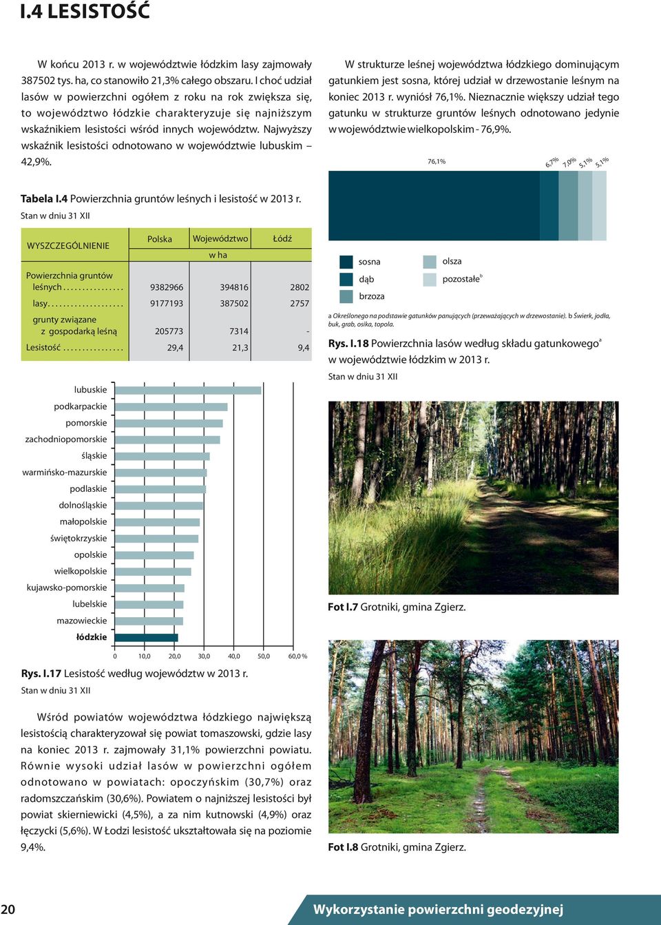 W strukturze leśnej województwa łódzkiego dominującym gatunkiem jest sosna, której udział w drzewostanie leśnym na koniec 2013 r. wyniósł 76,1%.