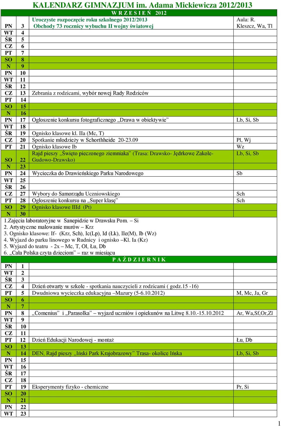 Lb, Si, Sb WT 18 ŚR 19 Ognisko klasowe kl. IIa (Mc, T) CZ 20 Spotkanie młodzieży w Schorthheide 20-23.