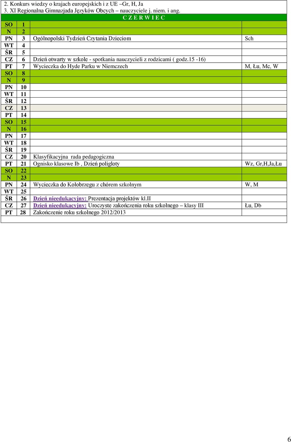15-16) PT 7 Wycieczka do Hyde Parku w Niemczech M, Łu, Mc, W SO 8 N 9 PN 10 WT 11 ŚR 12 CZ 13 PT 14 SO 15 N 16 PN 17 WT 18 ŚR 19 CZ 20 Klasyfikacyjna rada pedagogiczna PT 21 Ognisko klasowe