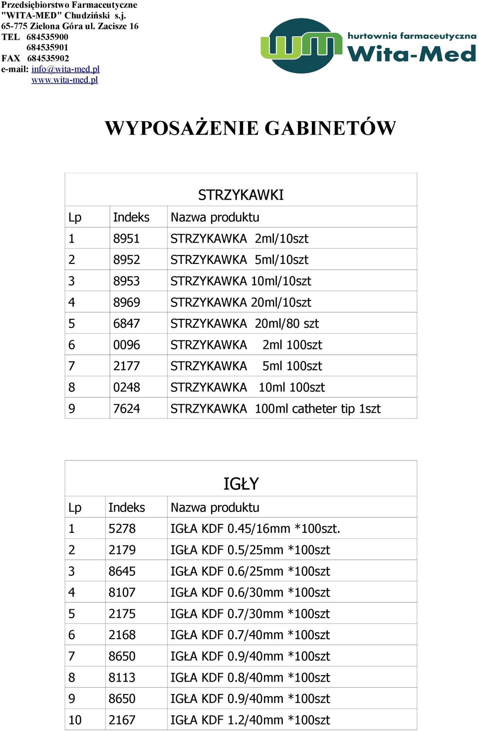 pl WYPOSAŻENIE GABINETÓW STRZYKAWKI 1 8951 STRZYKAWKA 2ml/10szt 2 8952 STRZYKAWKA 5ml/10szt 3 8953 STRZYKAWKA 10ml/10szt 4 8969 STRZYKAWKA 20ml/10szt 5 6847 STRZYKAWKA 20ml/80 szt 6 0096 STRZYKAWKA