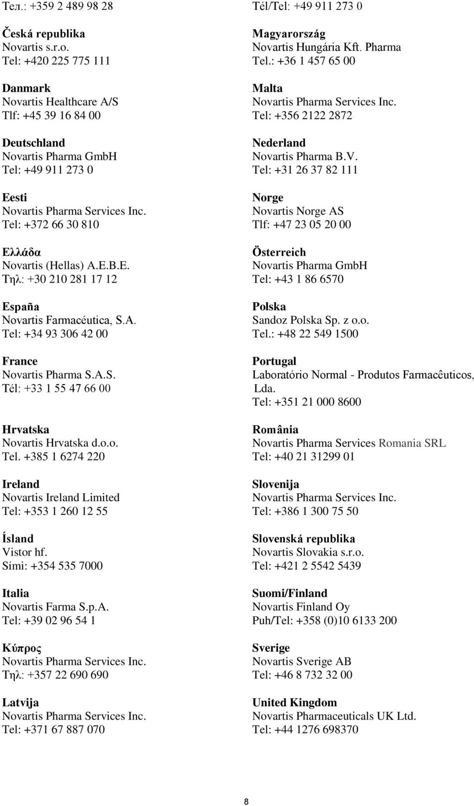A. Tel: +34 93 306 42 00 France Novartis Pharma S.A.S. Tél: +33 1 55 47 66 00 Hrvatska Novartis Hrvatska d.o.o. Tel. +385 1 6274 220 Ireland Novartis Ireland Limited Tel: +353 1 260 12 55 Ísland Vistor hf.