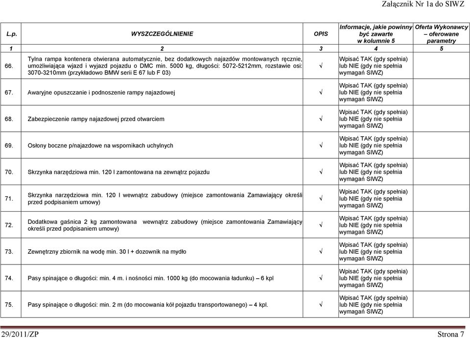 Zabezpieczenie rampy najazdowej przed otwarciem 69. Osłony boczne p/najazdowe na wspornikach uchylnych 70. Skrzynka narzędziowa min.