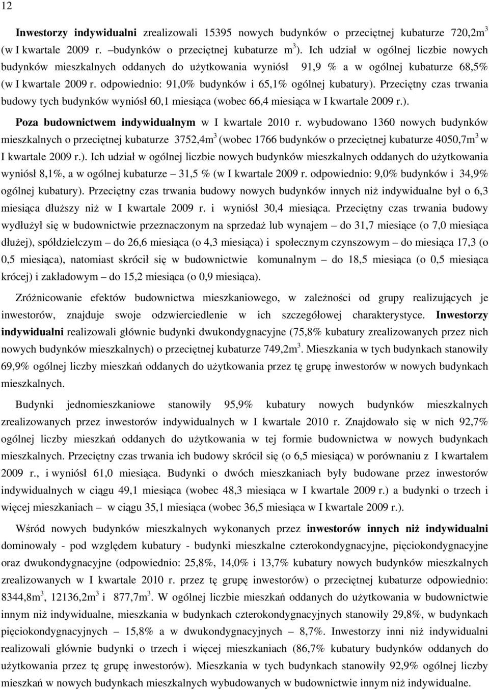 odpowiednio: 91,0% budynków i 65,1% ogólnej kubatury). Przeciętny czas trwania budowy tych budynków wyniósł 60,1 miesiąca (wobec 66,4 miesiąca w I kwartale 2009 r.). Poza budownictwem indywidualnym w I kwartale 2010 r.
