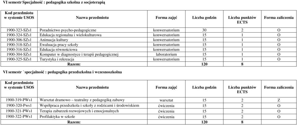 terapii pedagogicznej laboratorium 1 1 1900-32-SZs1 Turystyka i rekreacja konwersatorium 1 1 Razem: 120 8 VI semestr - specjalność : pedagogika przedszkolna i wczesnoszkolna 1900-319-PWs1 Warsztat